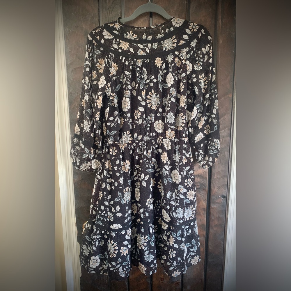 Black, Cream, and Blue Floral Dress